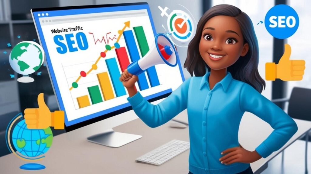 A confident girl presenting a chart showing rising website traffic on a digital screen, with symbols of a megaphone and thumbs-up icons highlighting the importance of SEO.