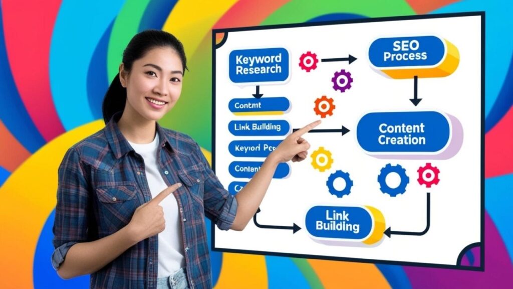 A young woman standing beside a flowchart that outlines the SEO process, pointing at various stages like keyword research and content creation, with colorful icons representing each step.