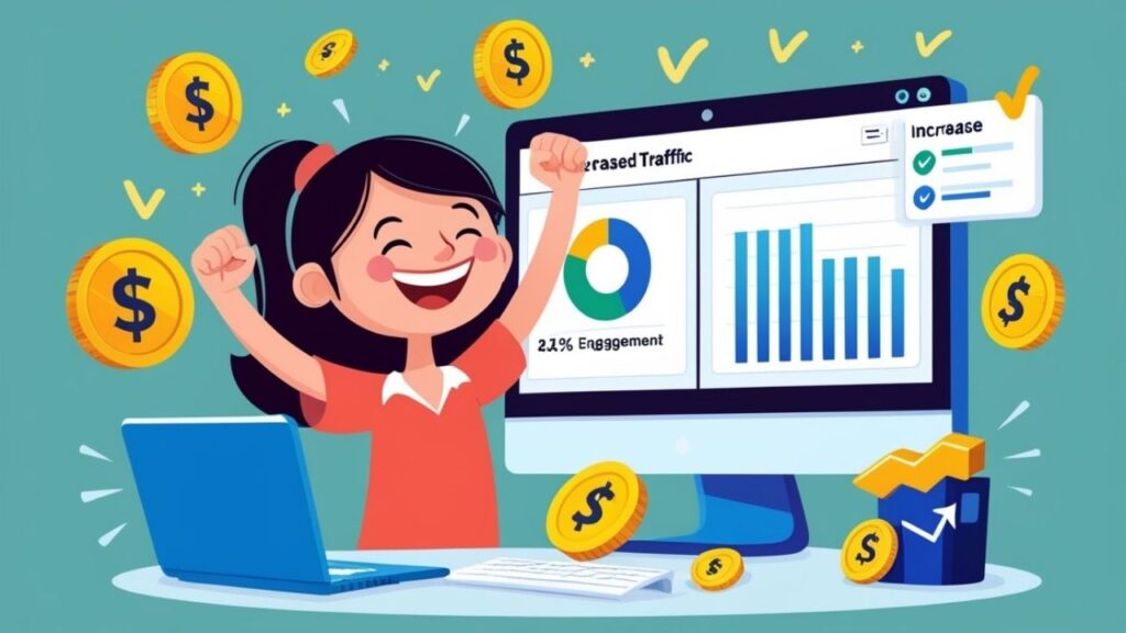 A girl celebrating in front of a computer screen displaying positive website metrics, surrounded by symbols of coins and happy faces illustrating the benefits of SEO.