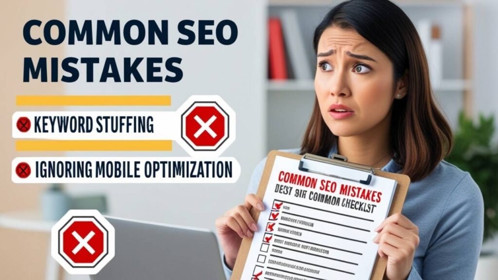  A concerned young woman examining a checklist on her clipboard that lists common SEO mistakes, with caution signs and red crosses symbolizing errors like keyword stuffing.