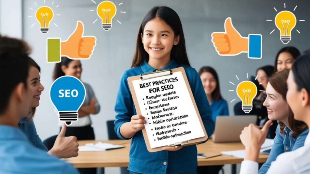  A confident girl sharing best practices for SEO with a group, holding a clipboard with a list of practices, surrounded by supportive visuals like thumbs-up and light bulbs for ideas.